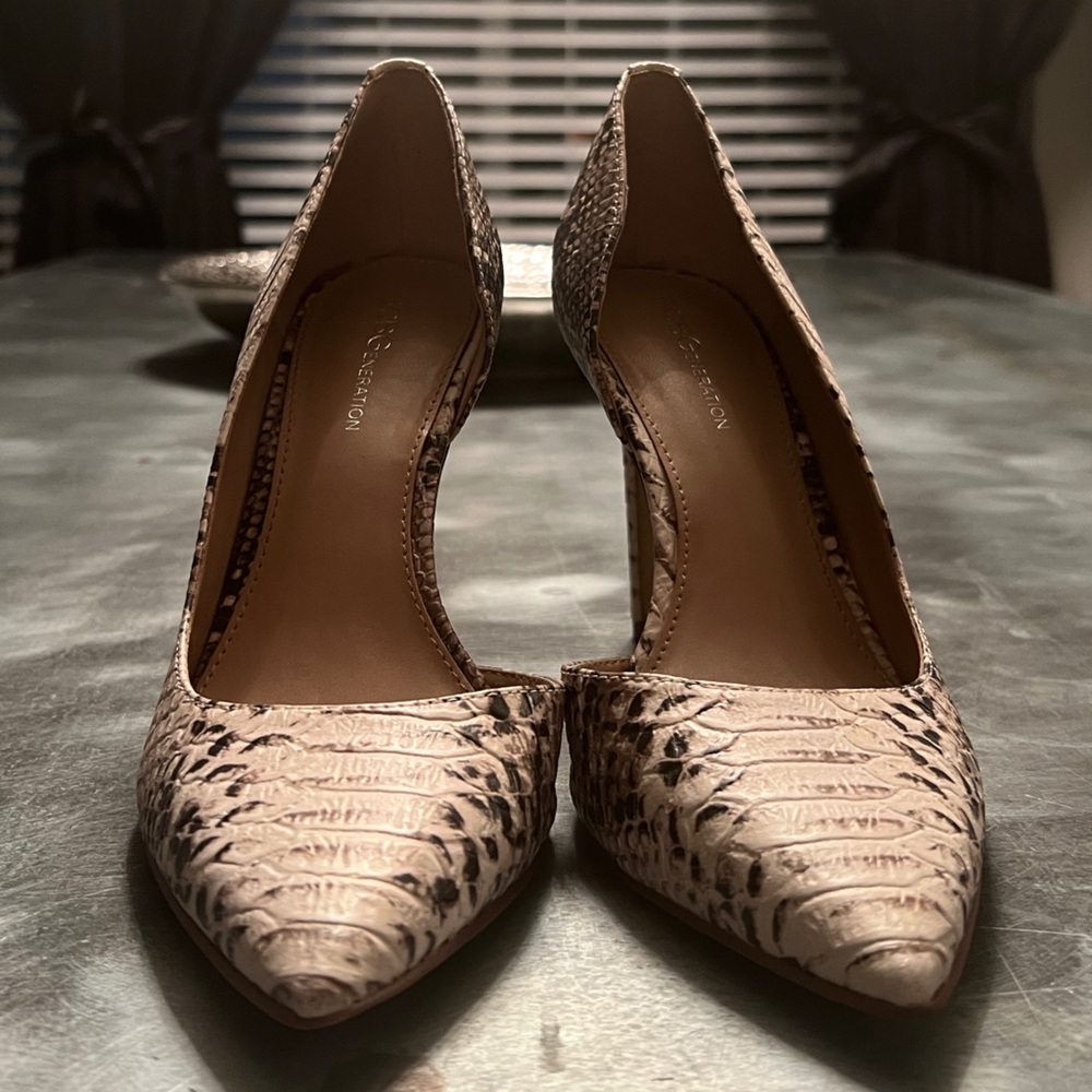 BCBGeneration Snake Beige and Black D”Orsay Pumps